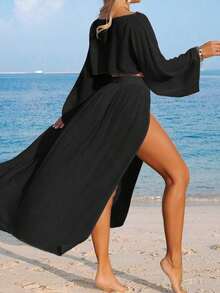 Nevyona Conjunto de dos piezas de cubrecuerpo casual de manga larga y abertura para mujer, color blanco - Negro - Ver 2