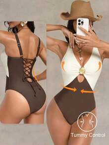 Shapewave 1 pieza Traje de baño de una sola pieza con control de abdomen, cintura con hebilla de metal y espalda descubierta, en color beige y marrón, adecuado para la playa y el resort - Marrón - Ver 1