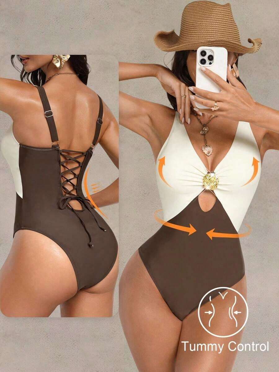 Shapewave 1 pieza Traje de baño de una sola pieza con control de abdomen, cintura con hebilla de metal y espalda descubierta, en color beige y marrón, adecuado para la playa y el resort - Marrón - Ver 1
