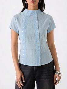 2026 Nueva llegada Minimalismo Primavera/Verano Moda casual para mujer Blusa de doble botonadura con cuello alto y manga corta/ Vacaciones de primavera /Cumpleaños para mujeres /Blusa para salir, Blusa amarilla - Azul - Ver 3