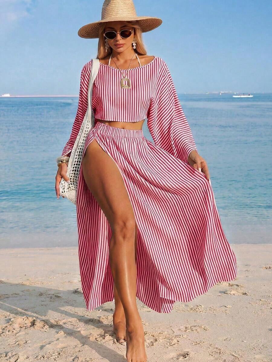 Nevyona Conjunto de dos piezas de cubrecuerpo casual de manga larga y abertura para mujer, color blanco - Rosa Fucsia - Ver 1