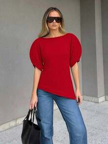 HH Blusa con mangas de pétalo y cintura ceñida, Vestido de fiesta de unicolor de manga corta y cuello redondo ajustado, Ropa de mujer asimétrica de verano - Rojo - Ver 4