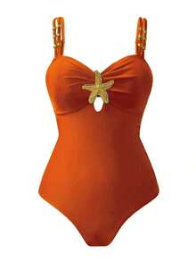 Swim Oasis 1 pieza Traje de baño de una sola pieza casual de vacaciones con decoración de pentágono lindo para mujer - Naranja - Ver 3