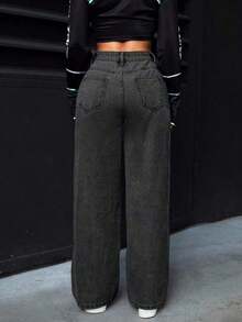PETITE Jeans rectos de pierna suelta y lavados para mujer - Gris Claro - Ver 3