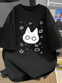 Spring/Summer 2026, New Off-The-Shoulder Summer T-Shirt, Beautiful, Casual Women's Clothing, Short-Sleeved T-Shirt For Women, Quirky Cat Head Design With Stars, Planets, Hearts, Clouds, Short-Sleeved T-Shirt With Japanese "Neko" Pattern, Fun And Cute Style, Comfortable And Skin-Friendly, Casual Everyday Top. A Very Distinctive Printed T-Shirt / Unisex Style / Suitable For Both Men And Women / Wrinkle-Resistant / Breathable - 黑色 - 查看 1