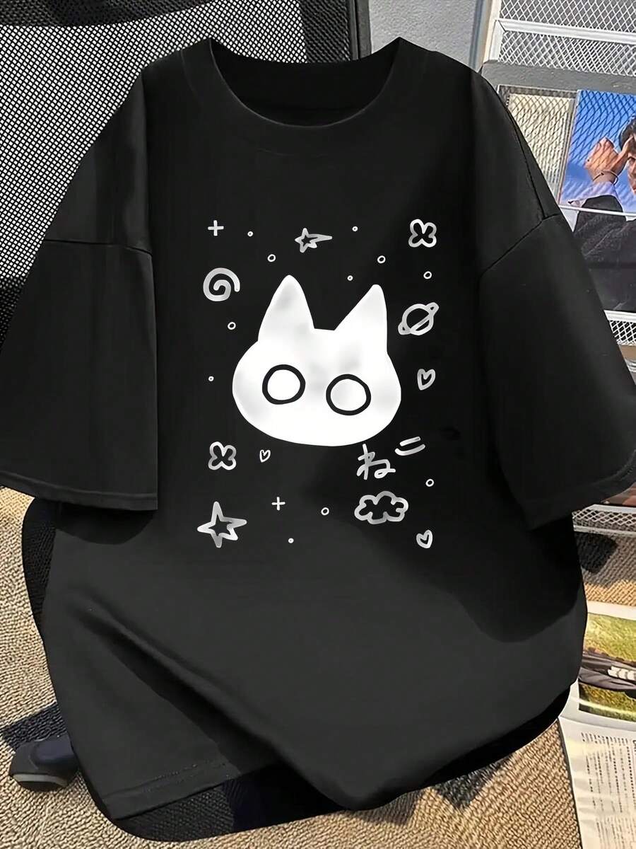 Spring/Summer 2026, New Off-The-Shoulder Summer T-Shirt, Beautiful, Casual Women's Clothing, Short-Sleeved T-Shirt For Women, Quirky Cat Head Design With Stars, Planets, Hearts, Clouds, Short-Sleeved T-Shirt With Japanese "Neko" Pattern, Fun And Cute Style, Comfortable And Skin-Friendly, Casual Everyday Top. A Very Distinctive Printed T-Shirt / Unisex Style / Suitable For Both Men And Women / Wrinkle-Resistant / Breathable - 黑色 - 查看 1