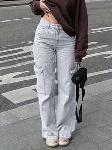 NVFelix 2026 Nuevos jeans de tiro alto, rectos y holgados para mujeres, elegante estilo casual Y2K streetwear, adecuado para primavera/verano - Gris Claro - Ver 3