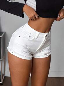 PETITE Shorts mezclilla desgarro bajo crudo - Blanco - Ver 1