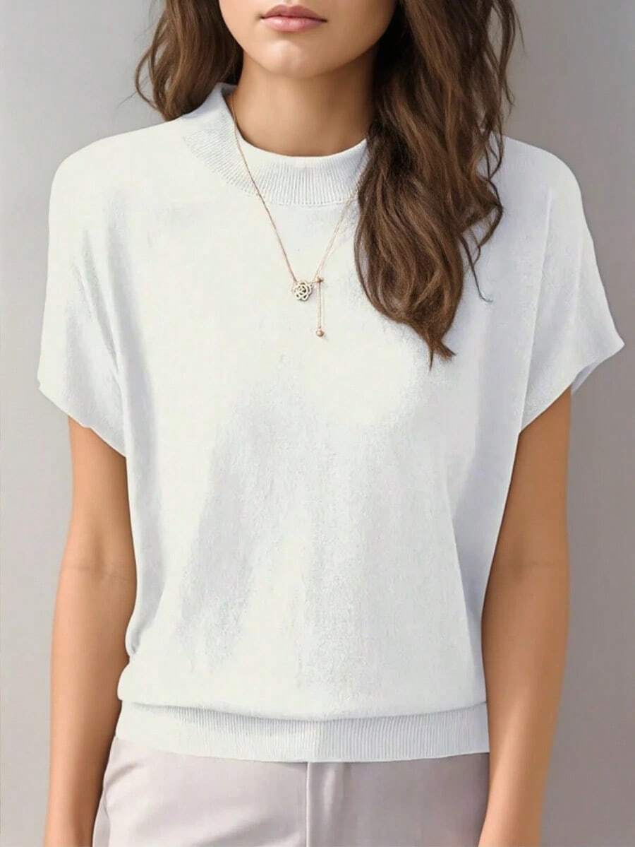 Camiseta holgada de manga corta para mujer, top de punto sin mangas distintivo, capa base de unicolor para el verano - Blanco - Ver 1