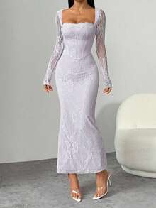 PETITE Vestido maxi negro ajustado de cuello cuadrado con copa de pecho, mangas largas de encaje con forma de S y escote sexy para fiesta de verano, cita y noche - Púrpura malva - Ver 7