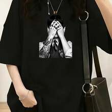 Camiseta de Mujer Talla Grande Manga Corta Cuello Redondo de Poliéster Suave - Estampado de Retrato en Blanco y Negro, Ajuste Holgado y Cómodo, Look Casual para Primavera y Verano - Negro - Ver 2