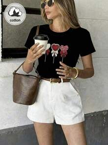 Camiseta de mujer de cuello redondo de algodón de manga corta, diseño retro dulce con estampado de piruleta, ajuste cómodo, adecuada para uso casual de primavera/verano - Negro - Ver 4