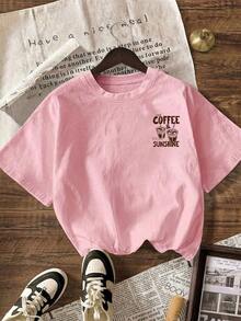 Camiseta gráfica COFFEE CLUB, camiseta casual de manga corta con cuello redondo para mujer, adecuada para verano, vacaciones, playa rosa. - rosa pálido - Ver 3