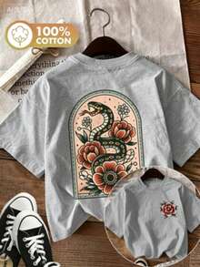 [Double-Sided Print]Summer Casual Women's Top, Vintage Style, Snake And Floral Print, Round Neck, Pure Cotton Short-Sleeve Cotton Womens Vintage Snake - 灰色 - 查看 3