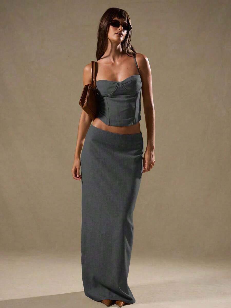 Falda larga de columna de talle bajo, elegante y casual para verano, vacaciones, ocasiones, fiestas, primavera y playa - Gris - Ver 1