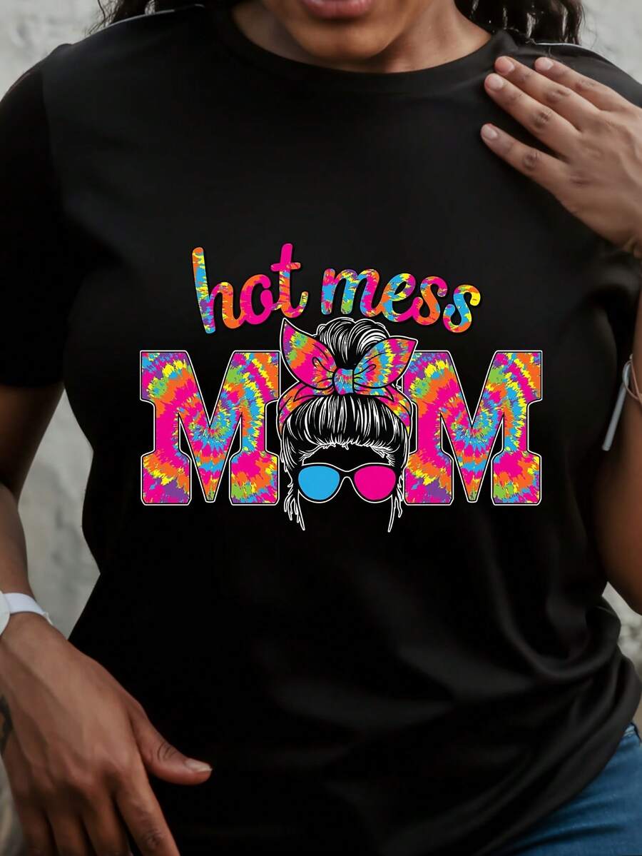 1 pieza de la camiseta de manga corta con cuello redondo "Lively Mom's Messy Braids", camiseta para mujer, regalo del Día de la Madre para mamá y abuela, camiseta casual de primavera/verano, 180g 100% algodón. - Negro - Ver 1