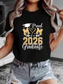 1 pieza clásica y versátil, camiseta de manga corta de algodón puro, adecuada para usar en todas las estaciones. Motivo para la temporada de graduación de mujeres, destinado a los graduados del a?o 2026. Estilo moderno - Negro - Ver 1