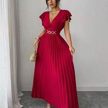 Elenzya New V-Neck Ruffle Sleeve Woven Solid Color Metal Decor Button Pleated Design Elegant Young Party Holiday Dinner Cocktail Maxi Dress For Women - Albaricoque - Ver 5