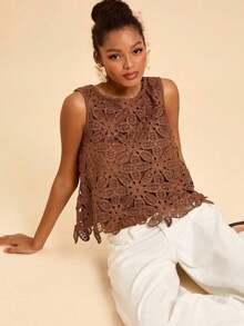 Blusa casual de mujer de cuello redondo sin mangas de color marrón, ideal para vacaciones, verano, primavera, fiestas, playa, San Valentín, disfraz de carnaval, elegante, floral, carnaval, de primavera a verano, fiesta, invitada de boda, cumpleaños, estilo mexicano bohemio para mujer - Café integral - Ver 7