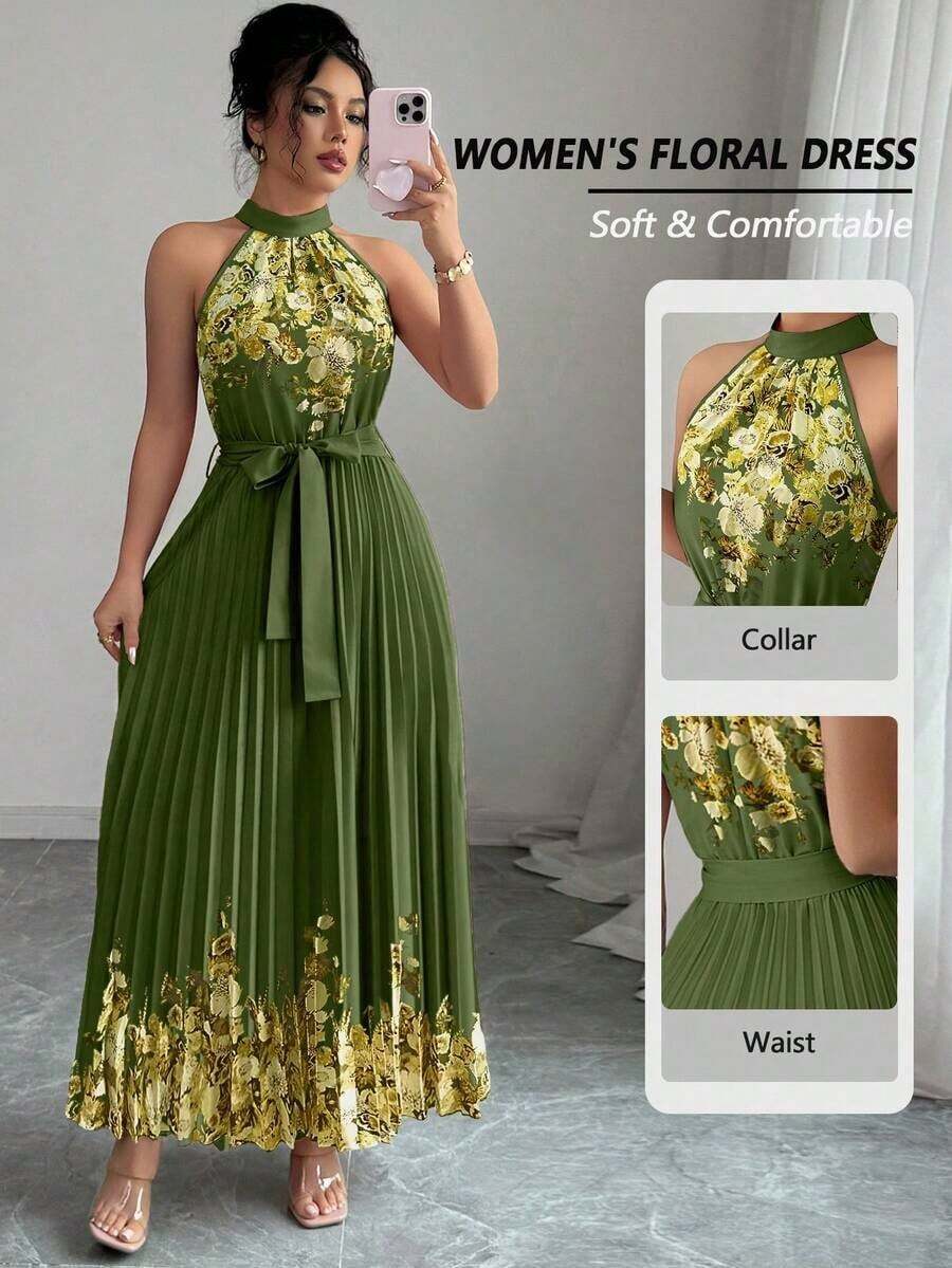 Vestido holgado de verano elegante con estampado floral y cuello halter para mujer - verde militar 2 - Ver 1