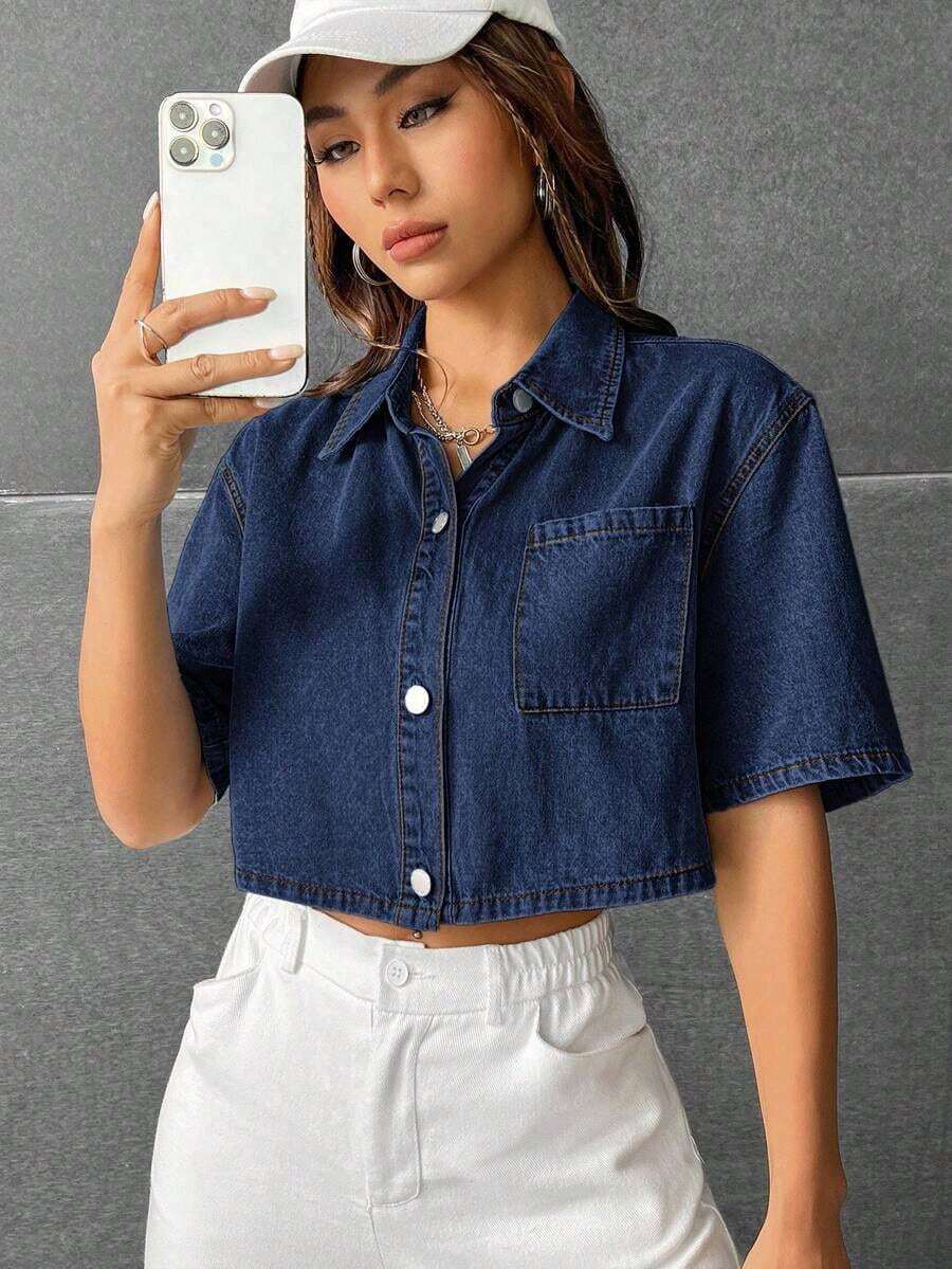 Camisa vaquera corta lavada informal para mujer - Azul lavado oscuro - Ver 1