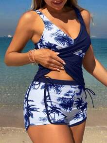 Swim Lushoire Bikini de vacaciones de primavera para mujer con estampado tropical de plantas, short tipo niño relajado y correas de espagueti que incluye traje de baño - Azul marino - Ver 5