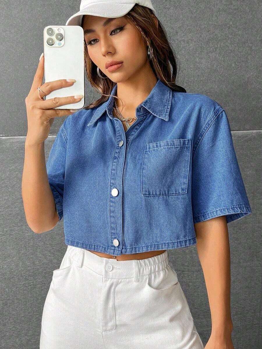 Camisa mezclilla con parche con bolsillo de hombros caídos - Azul lavado oscuro 2 - Ver 1
