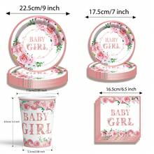 20pcs/Set Floral Theme Disposable Party Tableware Set For Baby Girls, Includes Paper Plates, Paper Cups, Napkins, Suitable For Baby Shower Party - Multicolor - View 6
