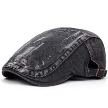 1 chiếc mũ lưỡi trai denim bạc màu, kiểu mũ Ivy Newsboy cổ điển, mũ beret vành cong điều chỉnh được, kiểu dáng thường ngày. - A - Xem 4