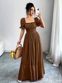 Vestido de mujer con cuello cuadrado, mangas abullonadas, nudo delantero, espalda descubierta y cintura ceñida - Cafetería - Ver 7