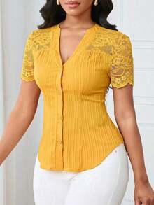 Camisa casual de mujer de unicolor y estilo simple para uso diario, verano - Amarillo - Ver 6