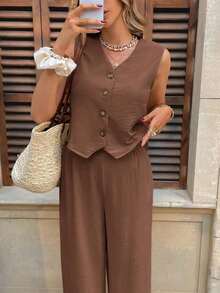 Chaqueta Tipo Chaleco Con Botones En La Parte Delantera Y Pantalones Anchos - Café integral - Ver 4