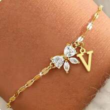Nuevo brazalete de mariposa con circonita y letra, brazalete de 26 letras creativo y delicado, joyería de lujo para mujer - oro - Ver 34