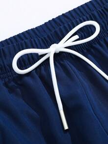Men's Loose Straight Leg Casual Pants With Contrast Color Stripes, Drawstring Waist, Zipper Decoration, Wide Leg Trousers With Letter Label, Suitable For Casual, Outdoor, Evening Date, Summer - Navy Blue - View 3