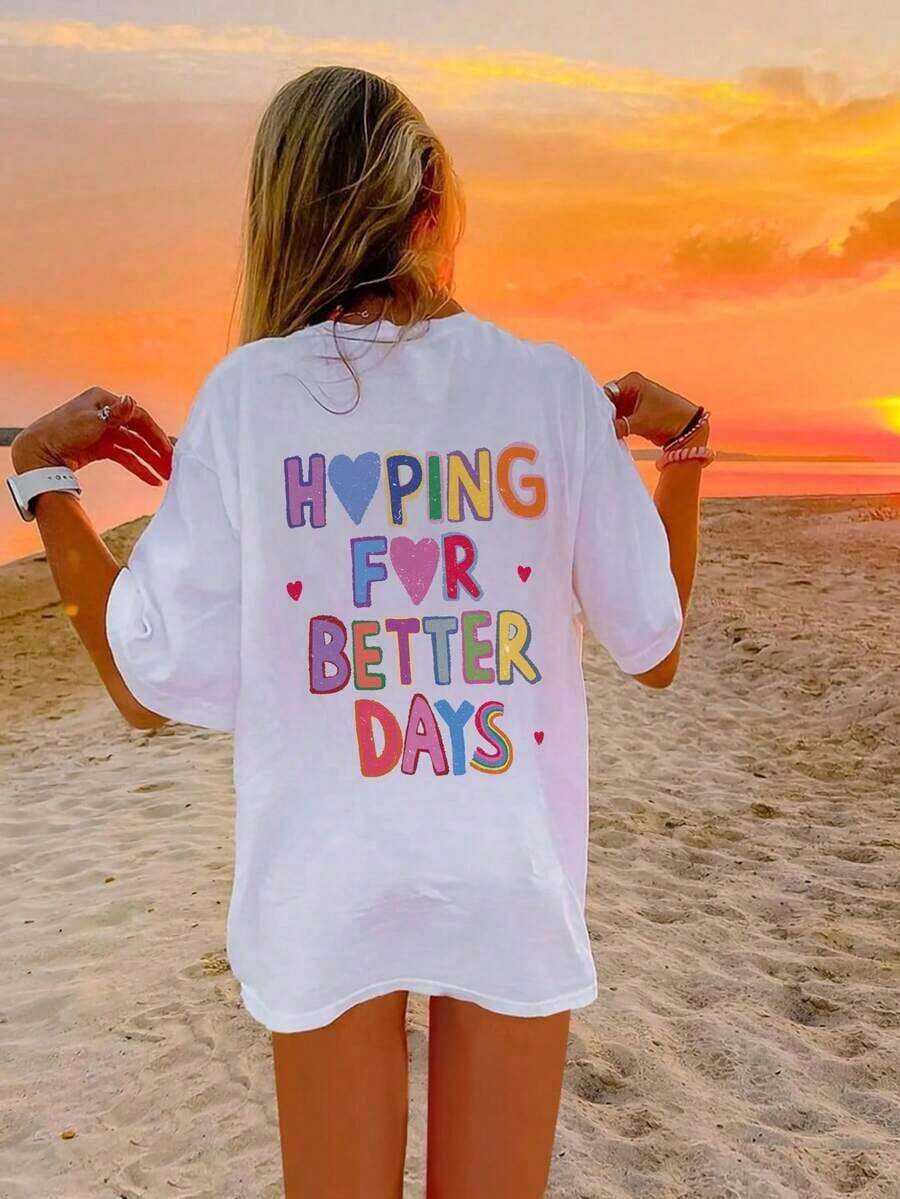 Women's Loose-Fitting T-Shirt With Heart Print And Slogan, Off-The-Shoulder Design - Urban Vintage Style, Unisex, Cotton, Short Sleeves, Round Neck, Blouses For Women. Casual Blouses For Ladies. - 白色 - 查看 1