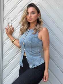 Camisa vaquera sin mangas con botones delanteros lavada para mujer - Azul lavado medio - Ver 5