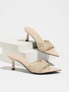 Sandal Wanita, Mules Bordir Renda, Cocok untuk Pesta Musim Semi/Panas, Pertemuan, Perjalanan, Peragaan Busana, Pernikahan. Ujung Lancip, Hak Kitten, Slip-On Ujung Terbuka, Terbuat dari Bahan Berkualitas Tinggi dengan Lapisan Cermin Lembut, Sandal Hak Tinggi yang Elegan dan Modis dalam Warna Aprikot - Aprikot - View 7