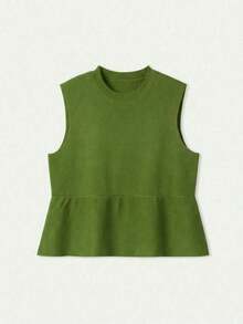 Blusa sin mangas de punto para mujer, estilo minimalista casual, unicolor, bajo con volantes, favorecedora, adecuada para ir a trabajar, citas, vacaciones, tiempo libre - Verde militar - Ver 7