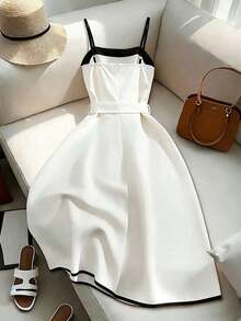 Vestido corto negro y blanco para mujer, vestido de primavera/verano con cinturón, vestido de moda, vestido midi negro, vestido elegante negro y blanco, vestido elegante para mujer, ropa de mujer, vestido de mujer, vestido formal, vestido de alta calidad, vestido impresionante - Blanco y Negro - Ver 2