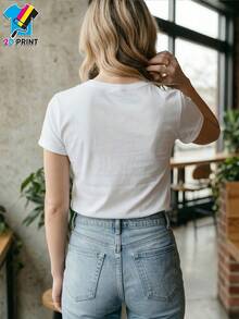 Camiseta manga corta cuello redondo 100% algodón, estampado trendy, tejido ligero y ventilado, estilo moda casual, apta para vida diaria, salidas informales y citas en primavera, verano y otoño - Blanco - Ver 7