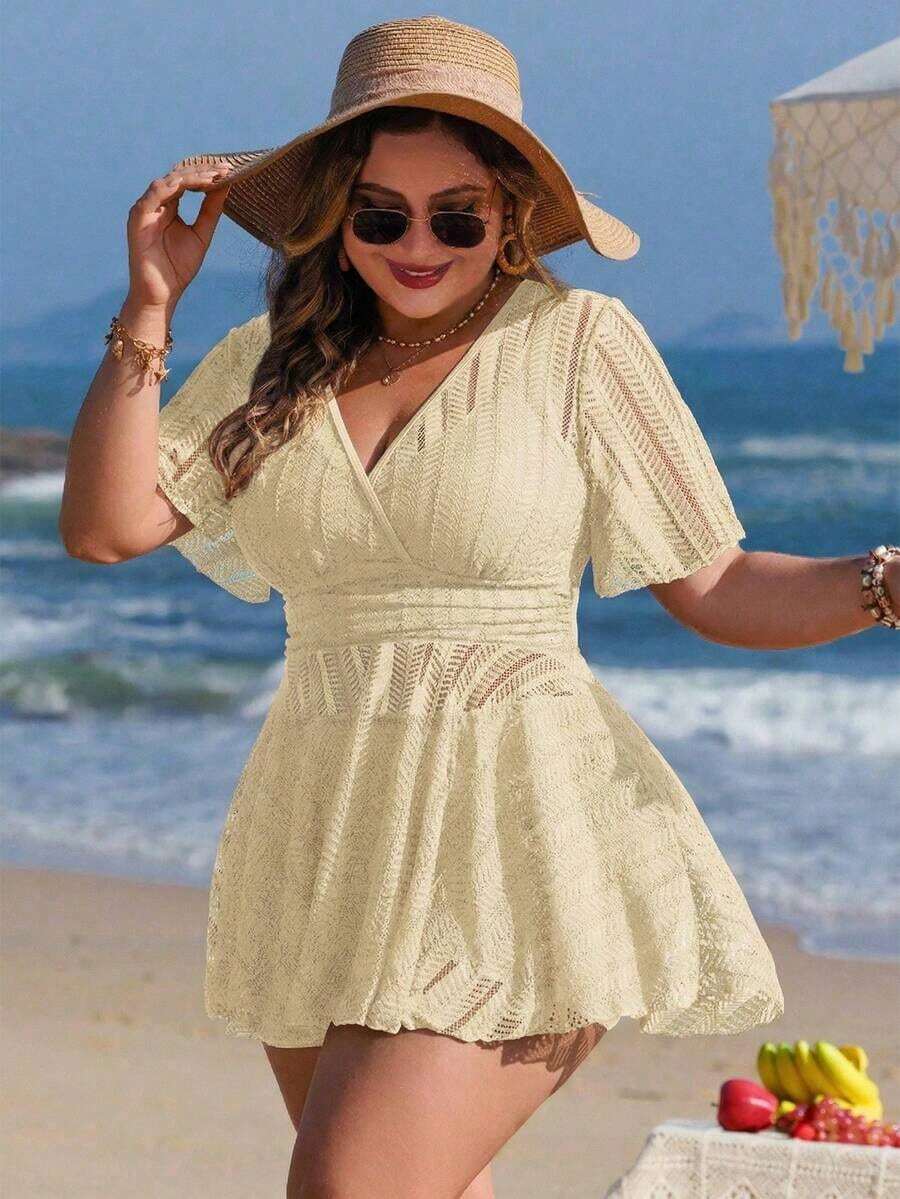 Swim Lushoire Conjunto de bikini de 2 piezas de unicolor con falda de malla para mujer de talla grande, para playa y vacaciones - Albaricoque - Ver 1