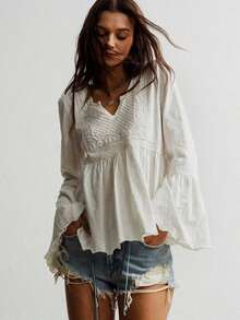 Blusa casual de mujer con mangas acampanadas en color amarillo, estilo bohemio adecuada para Pascua, playa, Hawái, festival de música Coachella, vacaciones tropicales - Blanco - Ver 6