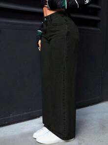 PETITE Jeans rectos de pierna suelta y lavados para mujer - Negro - Ver 7