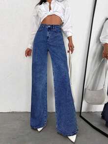 Pantalones vaqueros de mujer de cintura alta y pierna ancha, ajuste delgado, pantalones casuales de mezclilla para mujeres - Azul lavado oscuro - Ver 6