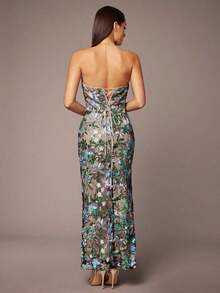 Vestido camisero elegante con pliegues y bordado de lentejuelas - Verde - Ver 3