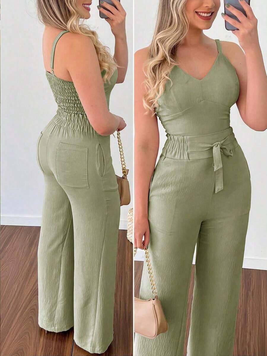 Conjunto de top de tirantes básico y pantalones de unicolor para mujeres, adecuado para uso diario - Verde - Ver 1