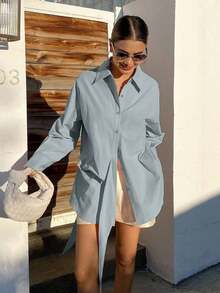Blusa beige de manga larga con diseño de cintura ceñida, para uso casual y de oficina, estilo suelto y elegante para primavera y verano - Azul - Ver 2