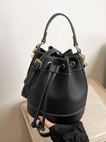 Bolso de cubo para mujer, bolso de hombro cruzado casual de paja con cordón - Beis - Ver 4