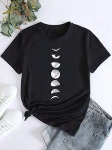 Camiseta deportiva de manga corta con cuello redondo y estampado de lunares en degradado para mujer, sencilla, elegante y versátil. - Negro - Ver 1