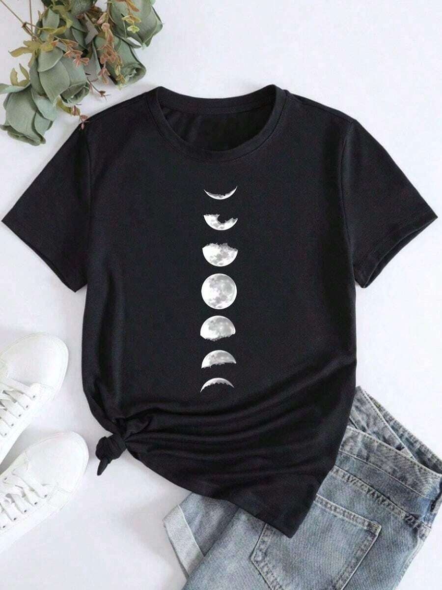 Camiseta deportiva de manga corta con cuello redondo y estampado de lunares en degradado para mujer, sencilla, elegante y versátil. - Negro - Ver 1